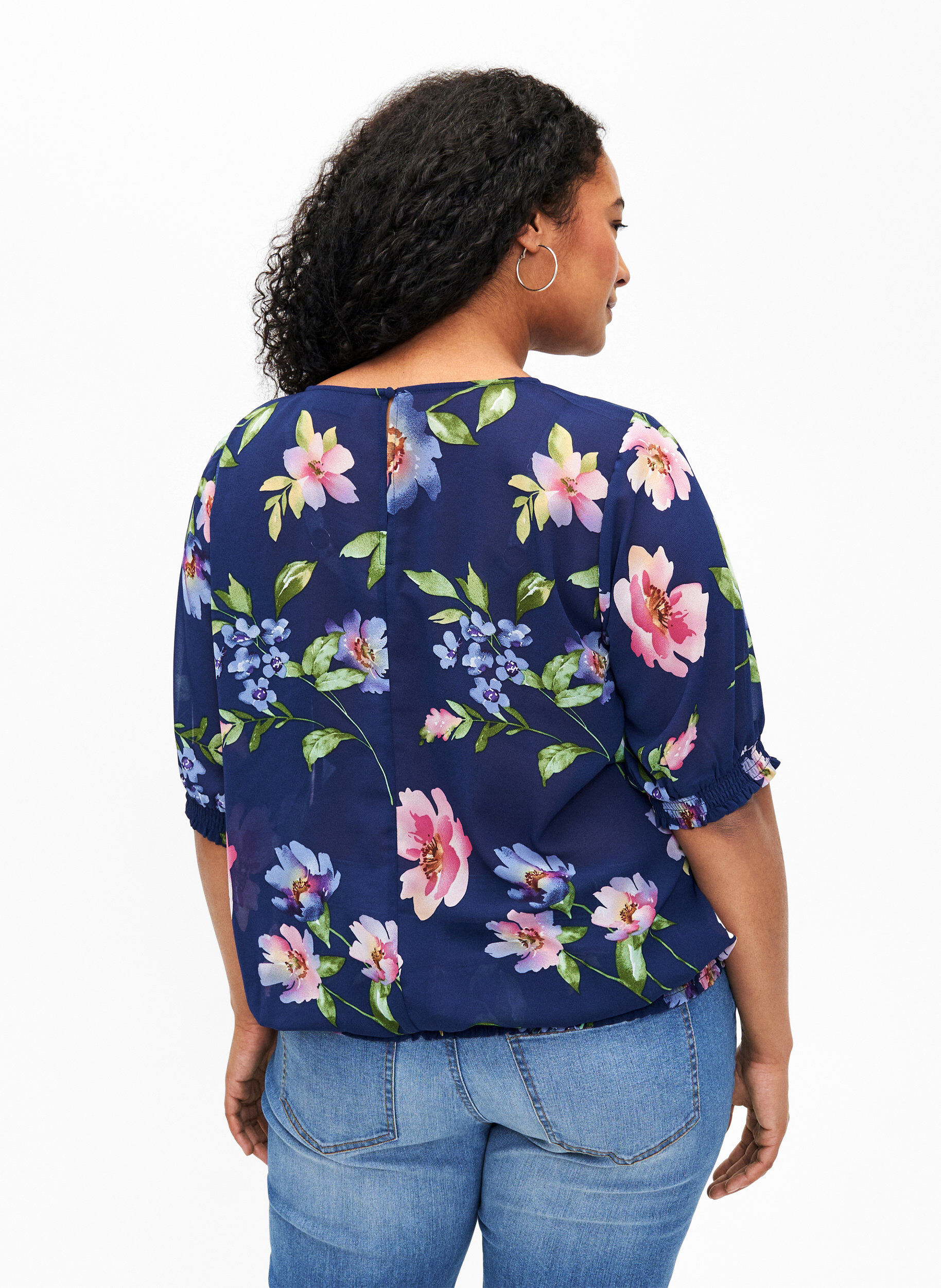 Zizzi Blommig blus med smock, Blueprint Flower AOP, Model image number 1