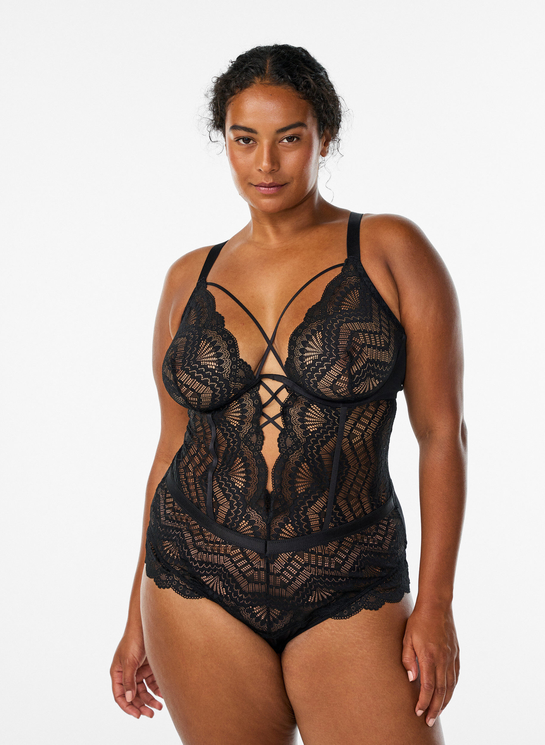 Spetsbody med sn&ouml;rningsdetaljer, Svart, Model