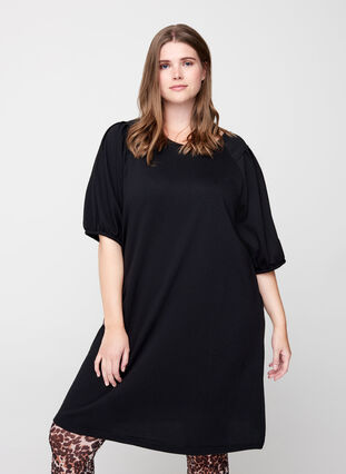  Sweatklänning med korta puffärmar, Black, Model image number 0