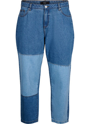 Mille mom fit-jeans med färgblock och hög midja, Light Blue Denim, Packshot image number 0