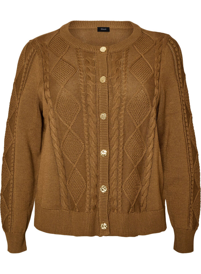Kabelstickad cardigan med dekorativa knappar, Brun, Packshot image number 0