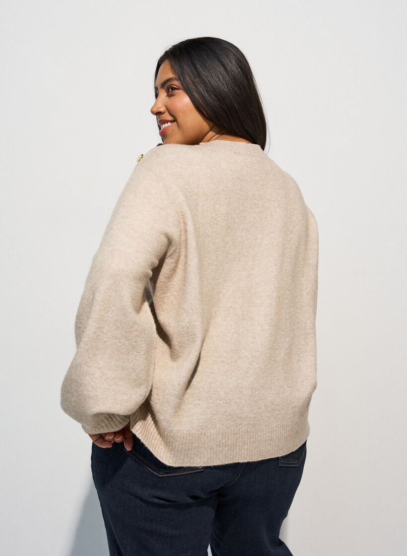Stickad blus med knappdetalj, Beige, Model image number 2