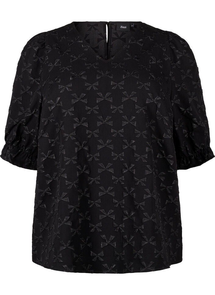 Kortärmad blus i jacquard med rosetter, Black W. Bow, Packshot image number 0