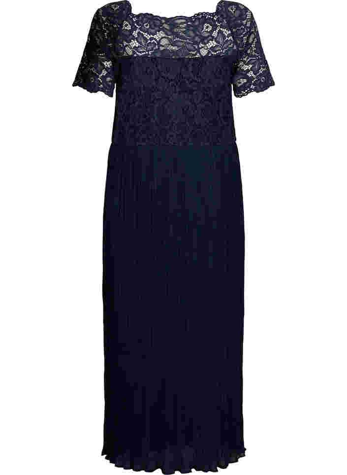 Kortärmad maxiklänning med spets och plisserad kjol, Night Sky, Packshot image number 1