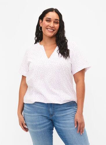 Bomulls t-shirt med prickar och v-ringning, B.White/S. Pink Dot, Model image number 0