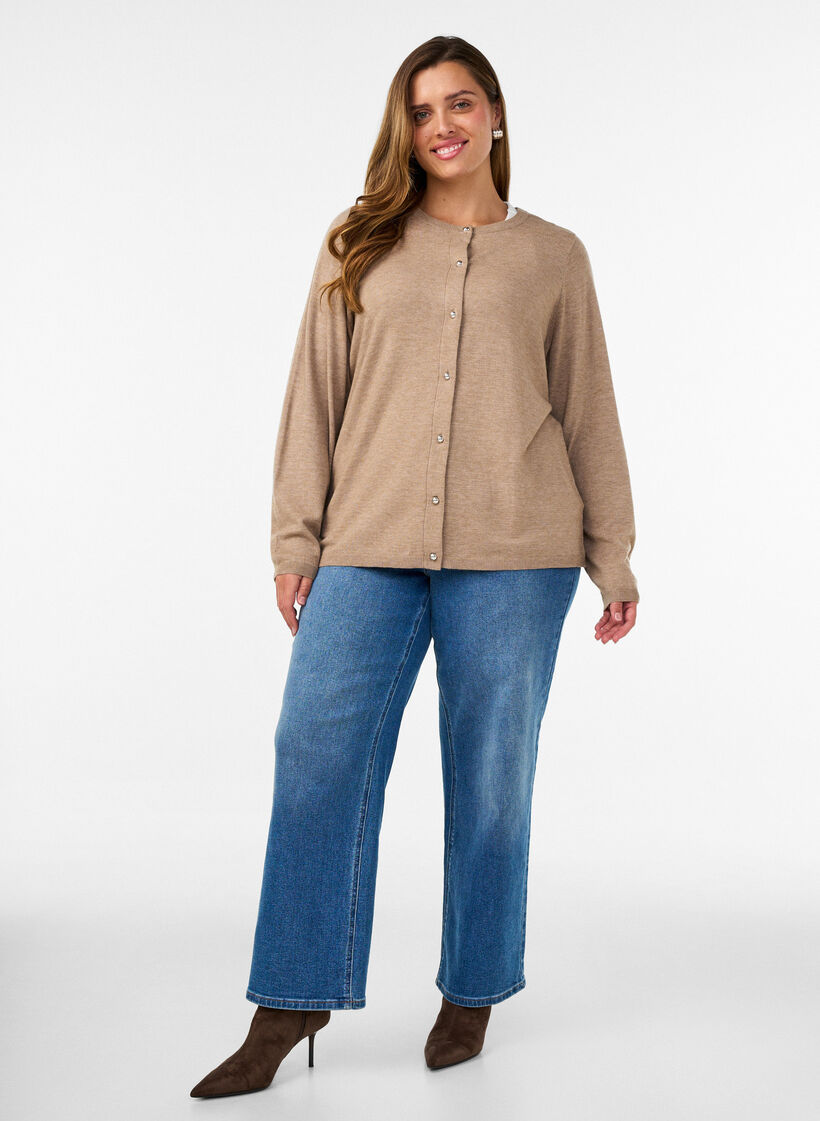 Cardigan med runda knappar, Beige, Model image number 1
