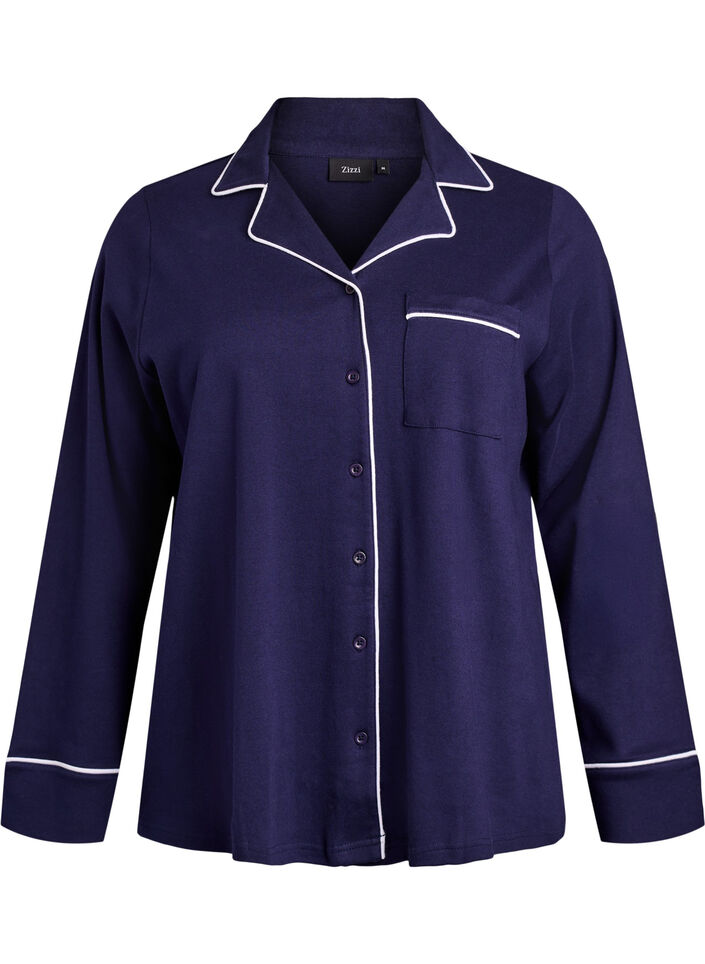 Pyjamasskjorta i bomull med br&ouml;stficka, Bl&aring;, Packshot image number 0