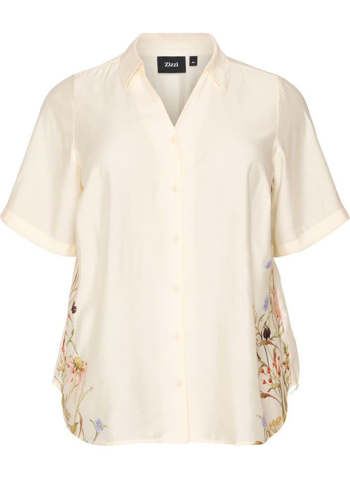 Skjortblus med armb&aring;gsl&aring;nga &auml;rmar och blommiga detaljer, Beige, Packshot
