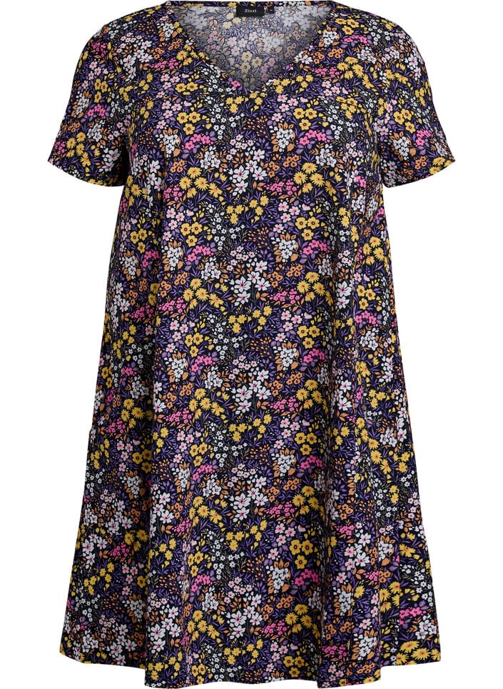 Kort a-linjeformad kl&auml;nning med blomm&ouml;nster, Bl&aring;, Packshot image number 0