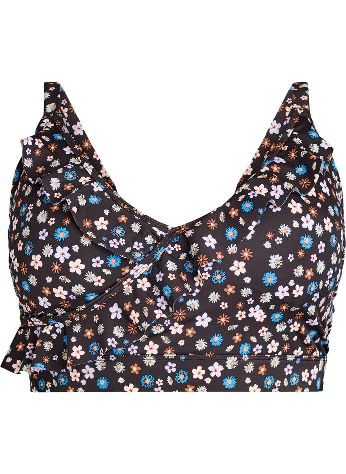 Bikinitopp med blommigt tryck och volangdetaljer, Brun, Packshot image number 0