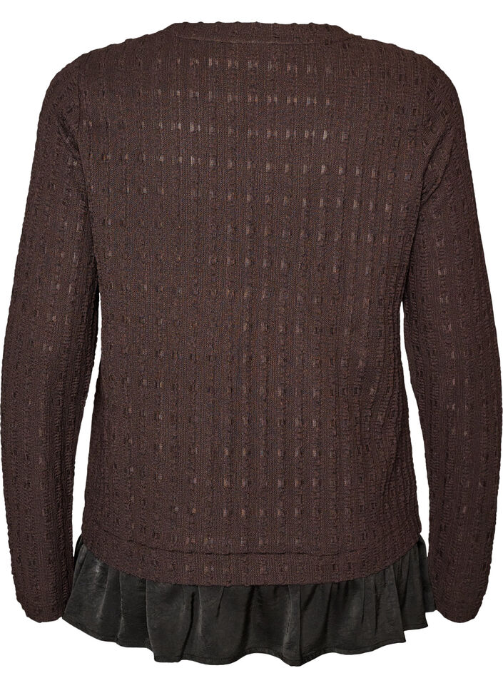 Strukturerad blus med volangkant, Brun, Packshot image number 1