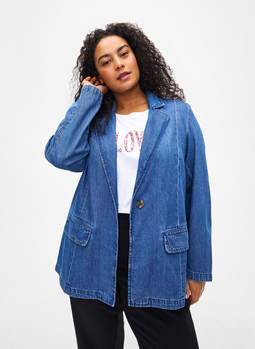 Denimblazer med fickor, Blue Denim, Model image number 0