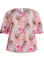 Blus i blommigt med korta &auml;rmar och smock, Rosa