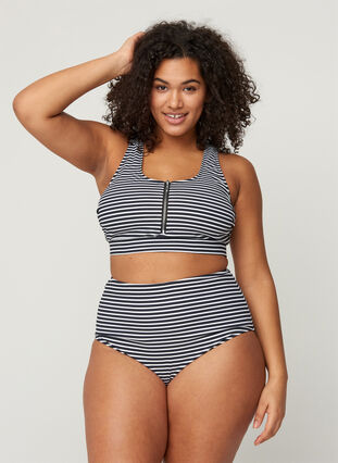 Randig bikinitopp med liten dragkedja upptill, Navy Striped, Model image number 2