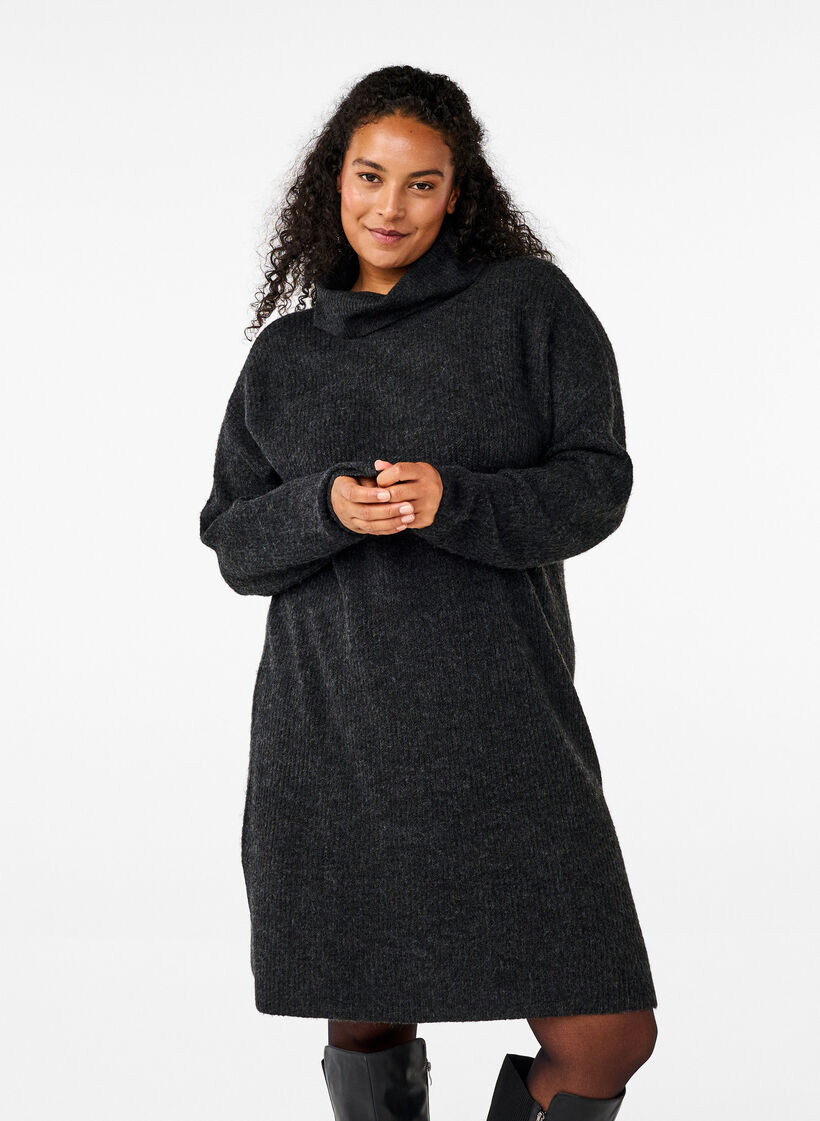 Stickad kl&auml;nning med polokrage, Gr&aring;, Model image number 0