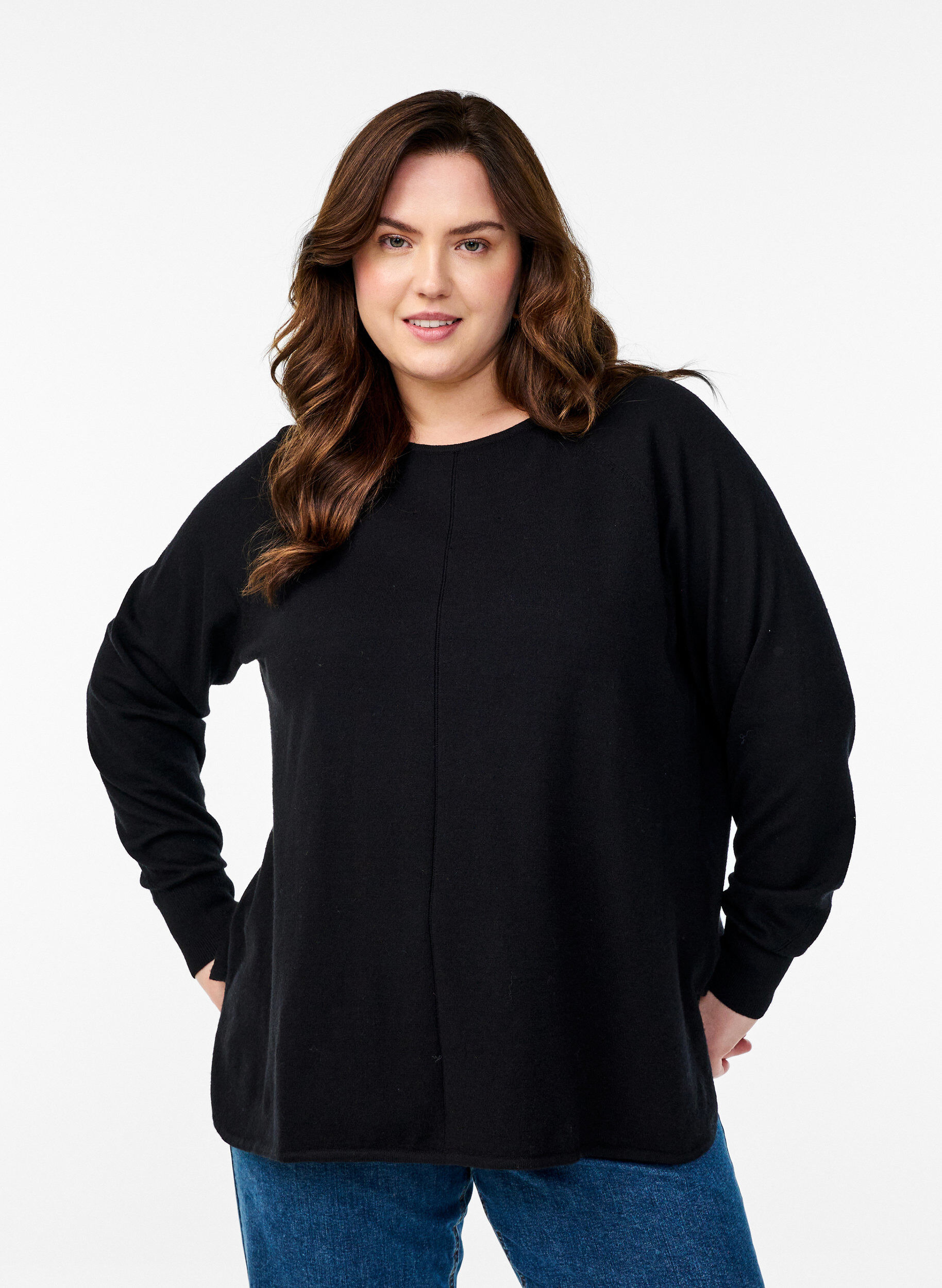 ZizziStickad blus med rund halsringning och stickat m&ouml;nster, Svart, Model image number 0