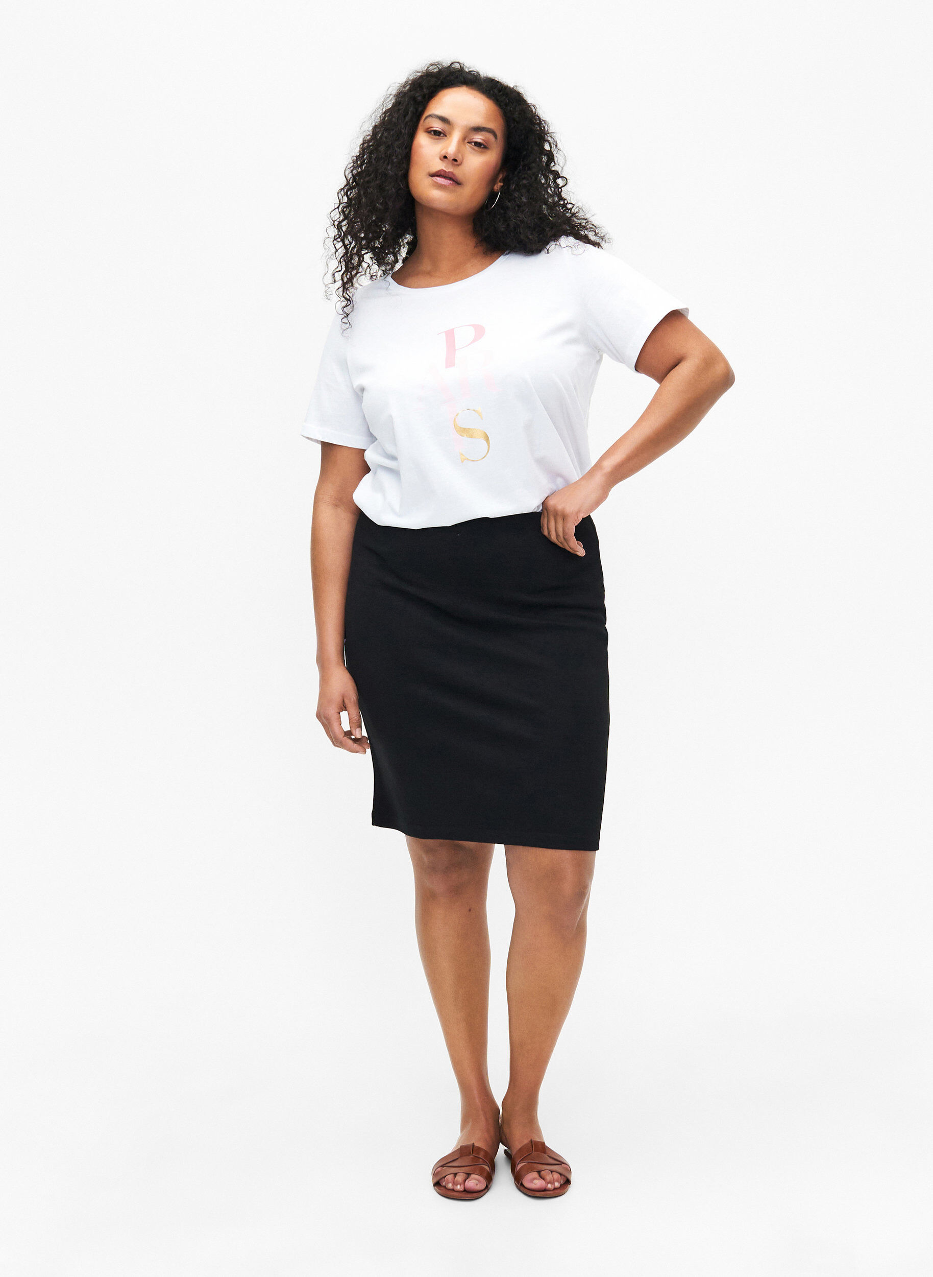 Zizzi T-shirt i bomull med texttryck, B. White w. Paris, Model image number 2