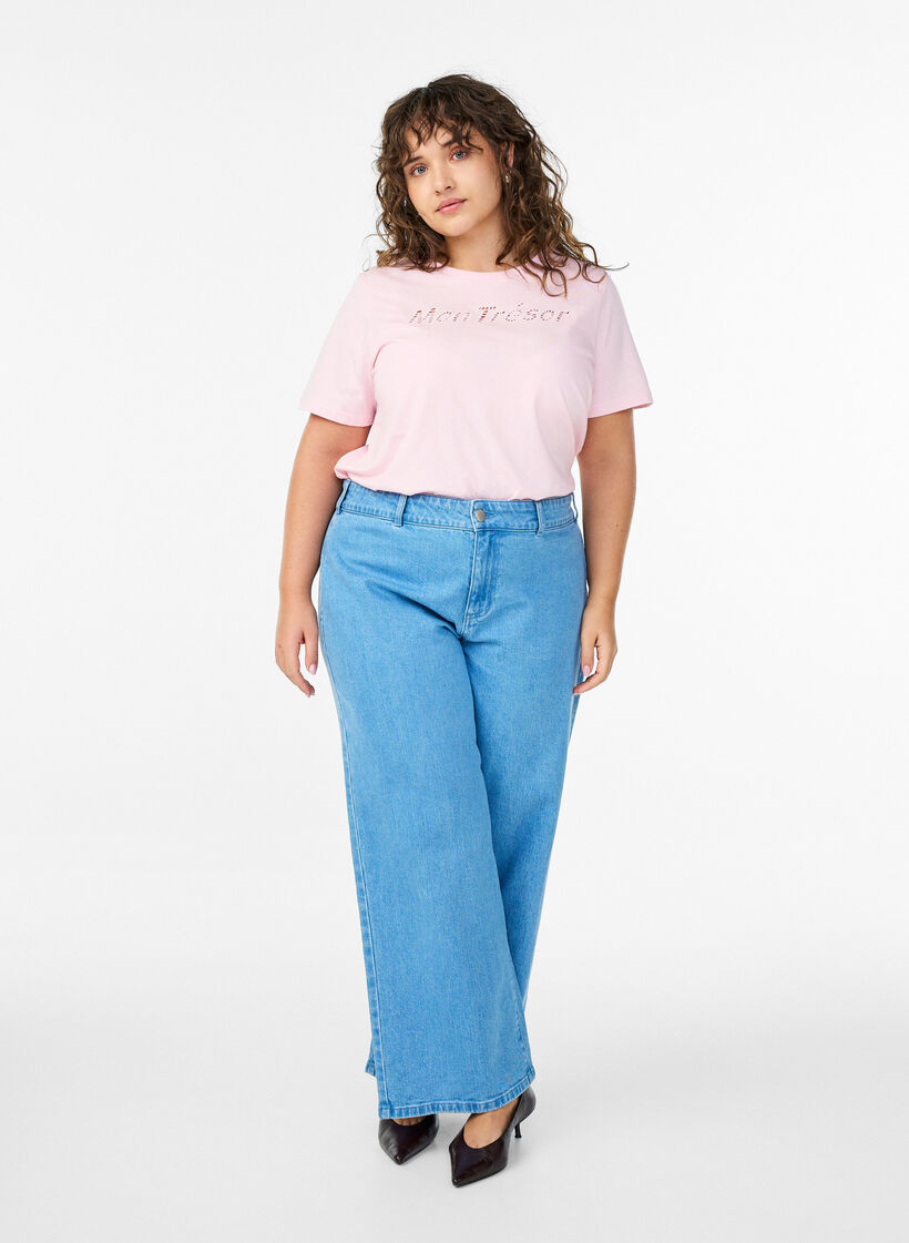 T-shirt i bomull med dekorativ detalj framtill, Rosa, Model image number 1