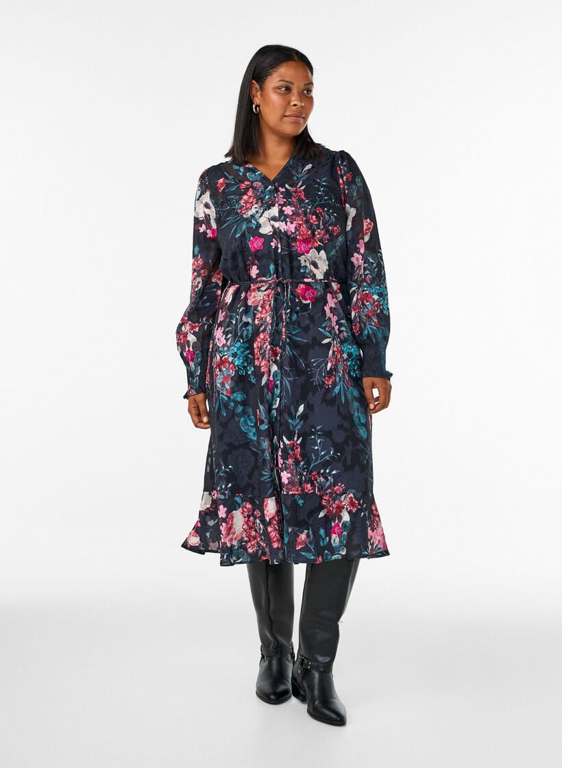 Blommig midikl&auml;nning med v&auml;vd struktur och knytsk&auml;rp, Svart, Model image number 0