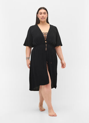 Strandklänning i viskos med dragsko i midjan, Black, Model image number 2