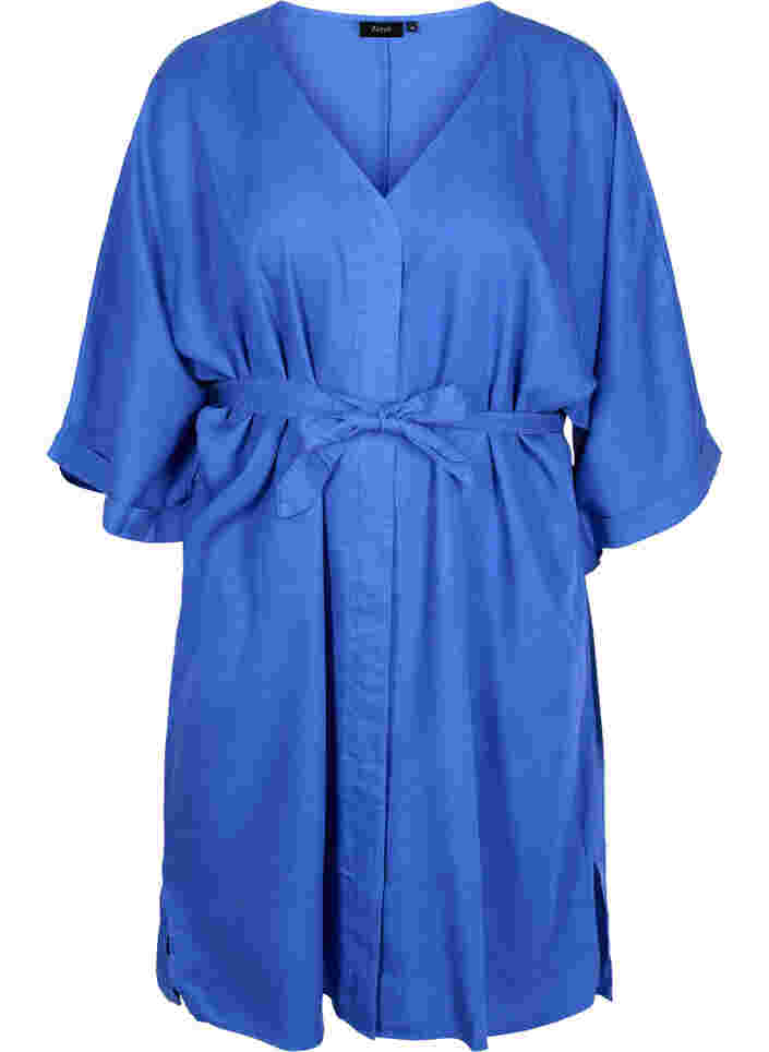 Klänning med 3/4-ärmar och knytband, Dazzling Blue, Packshot image number 0