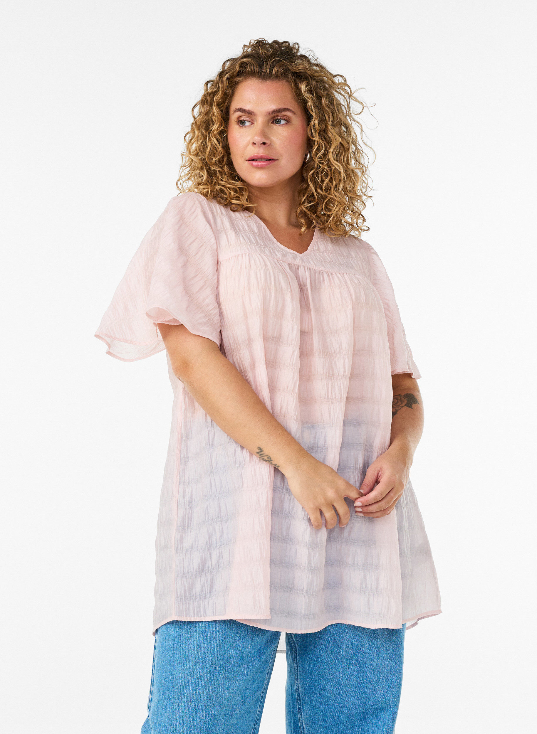 ZizziTunika i lyocell med fj&auml;rils&auml;rmar, Rosa, Model image number 0