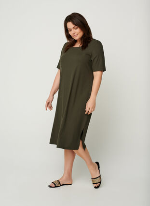 Ribbad klänning med korta ärmar, Dark Green, Model image number 2