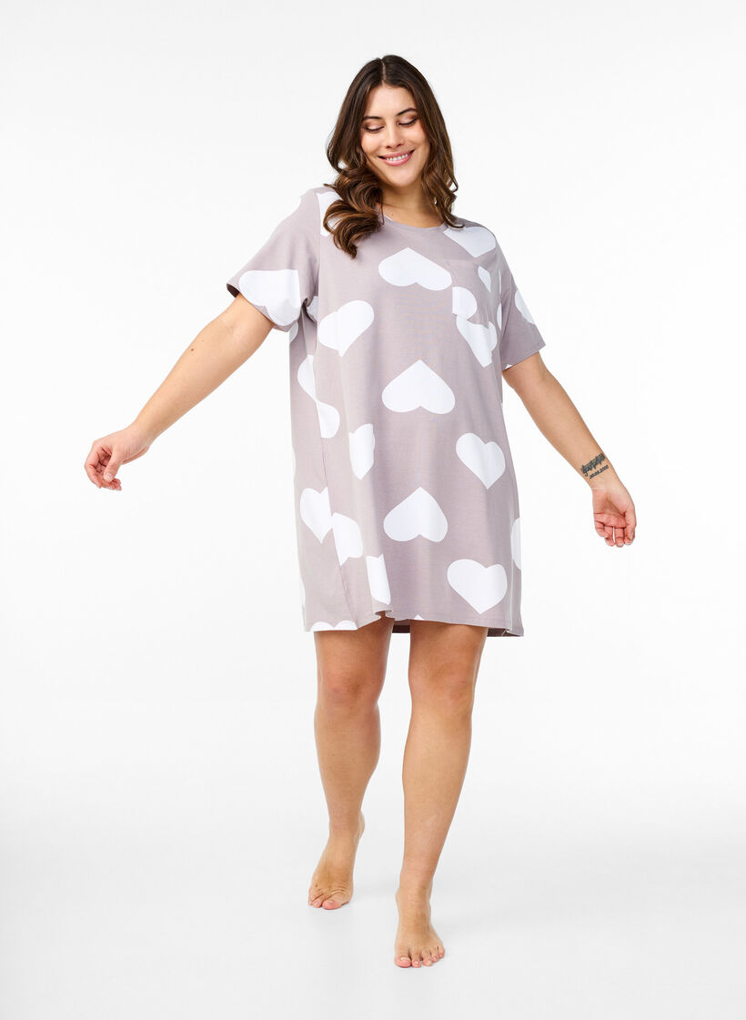 Lång natt-t-shirt i modalblandning med hjärtan, Grå, Model image number 1