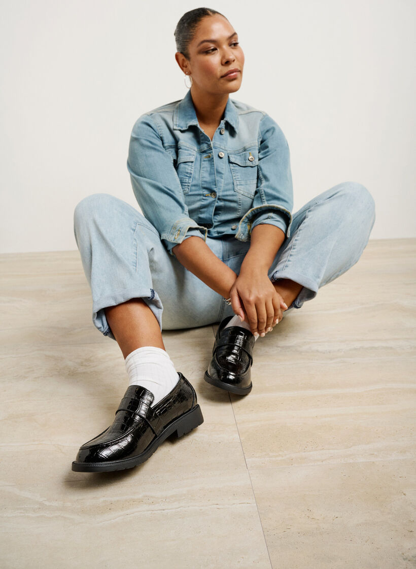 Croco-loafers i läder med bred passform, Black, Image image number 0