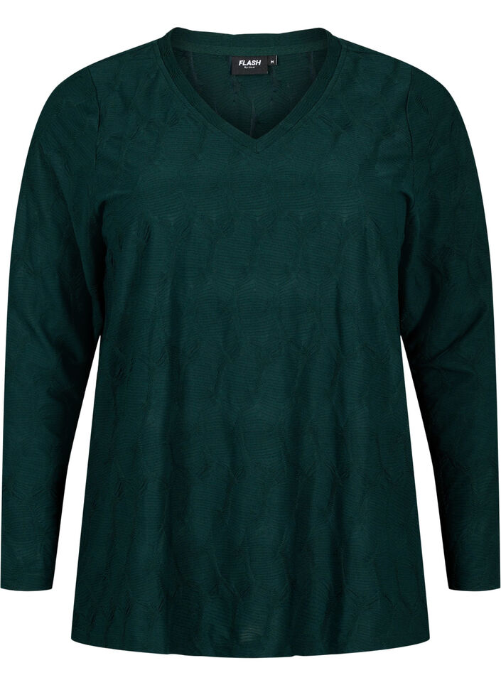 FLASH – Långärmad blus med struktur, Scarab, Packshot image number 0