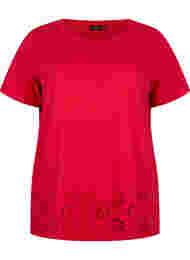 T-shirt i bomull med broderi anglaise, Tango Red