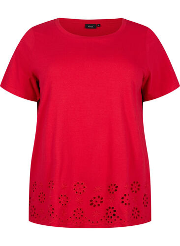 T-shirt i bomull med broderi anglaise, Tango Red, Packshot image number 0
