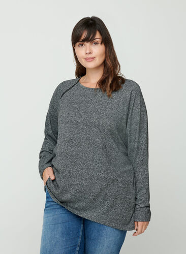 Melerad blus med blixtlåsdetalj, Dark Grey Melange, Model image number 0
