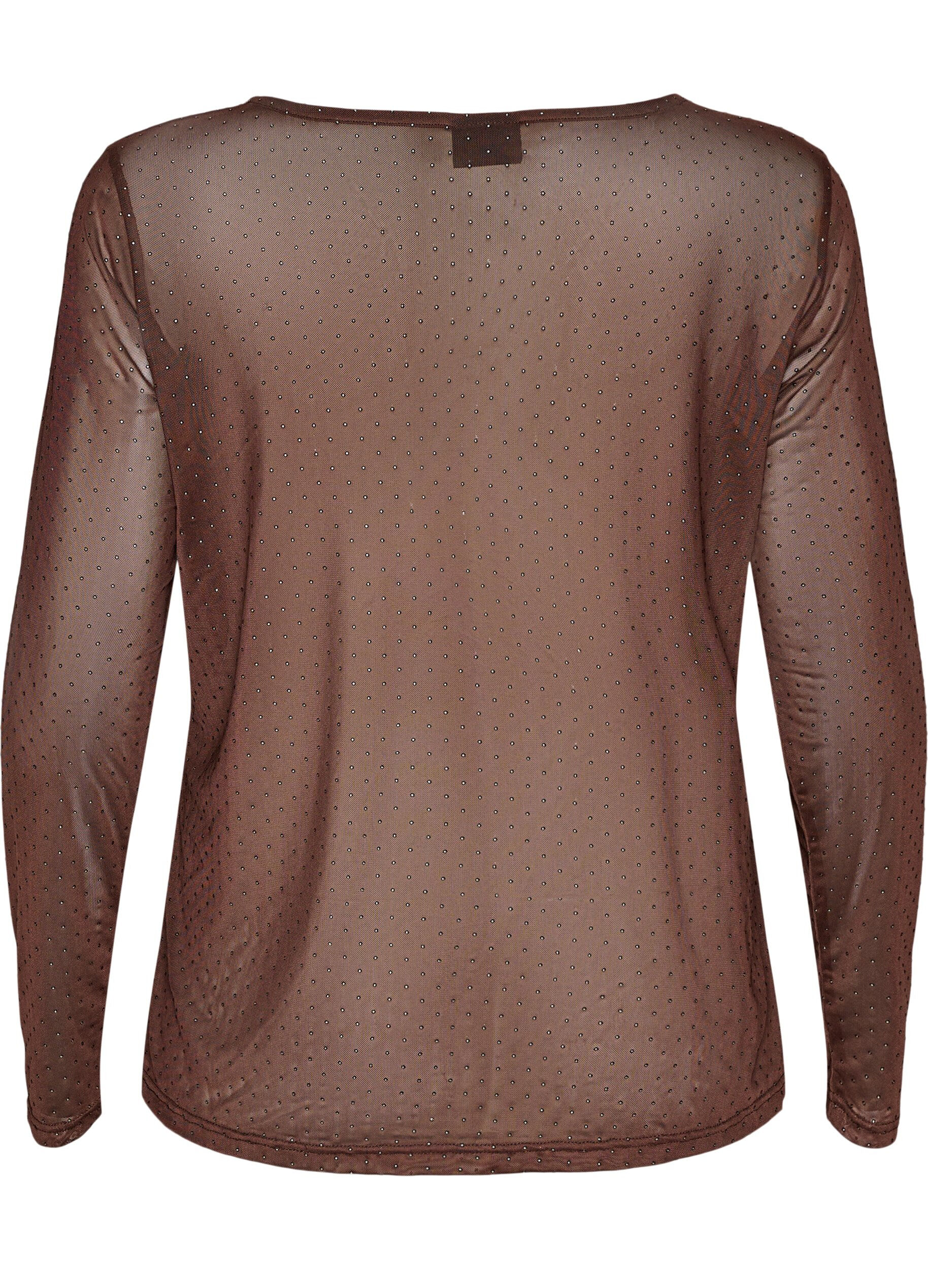 ZizziBlus i skir mesh med strass, Brun, Packshot image number 1