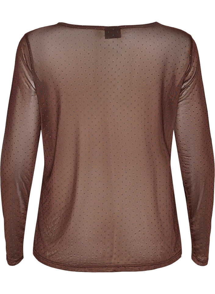 Blus i skir mesh med strass, Brun, Packshot image number 1