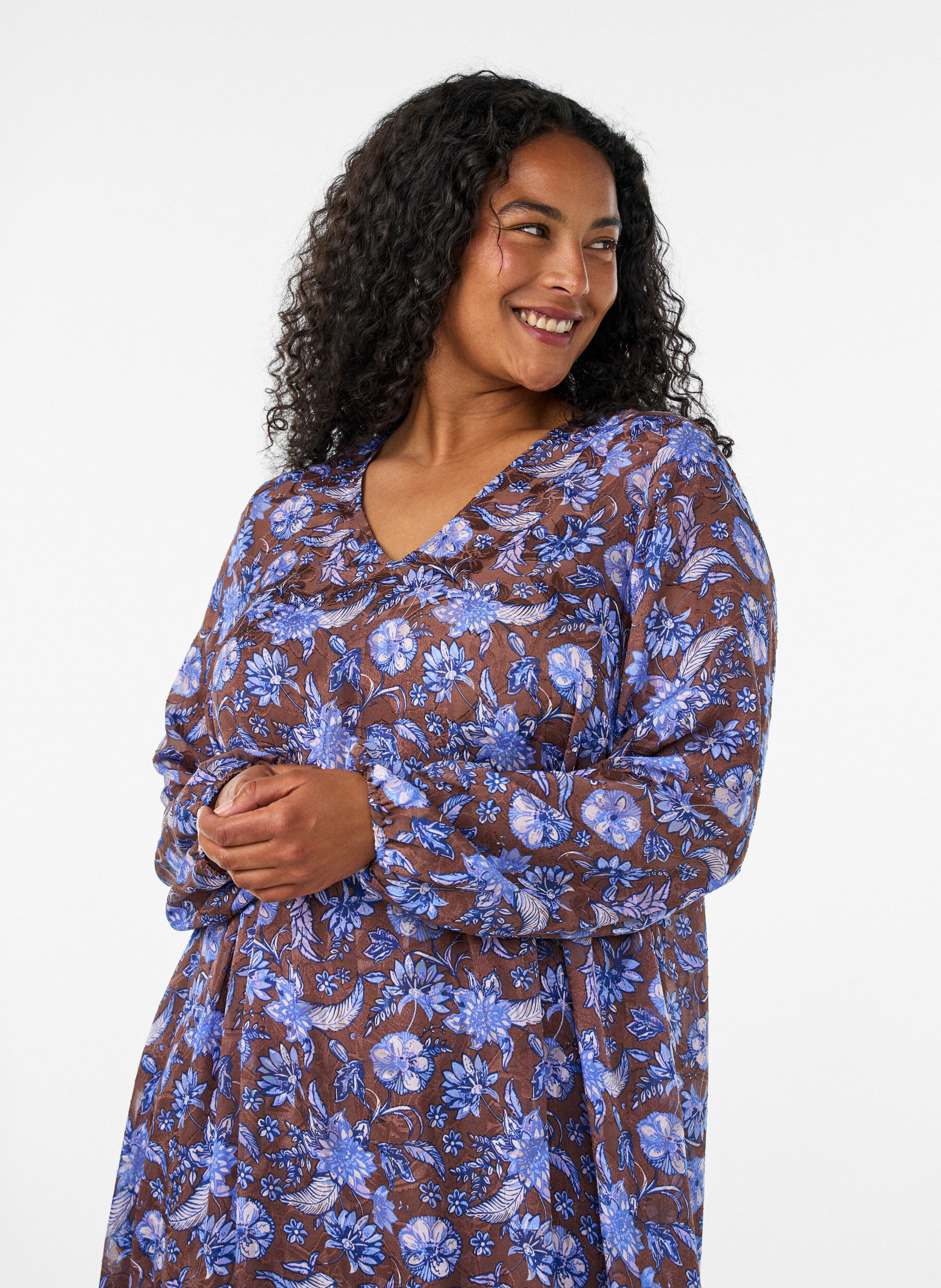 ZizziMidikl&auml;nning med blommigt m&ouml;nster och volangkant, Brun, Model image number 2