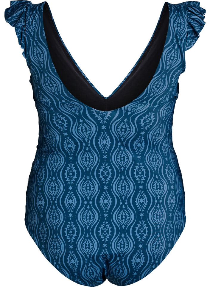 Mönstrad baddräkt med volanger och drapering, Blå, Packshot image number 1