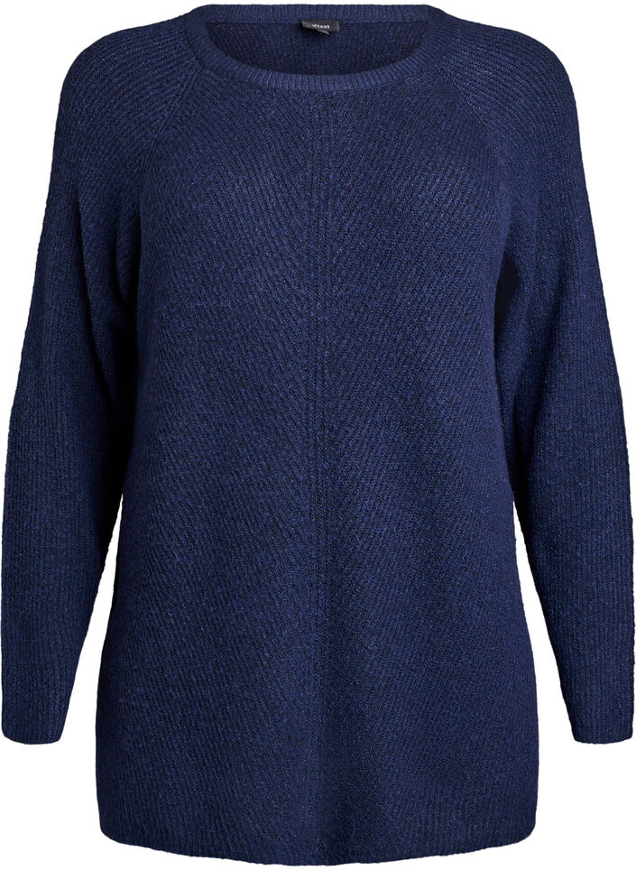 Stickad tr&ouml;ja med diagonalt m&ouml;nster och raglan&auml;rm, Bl&aring;, Packshot image number 0