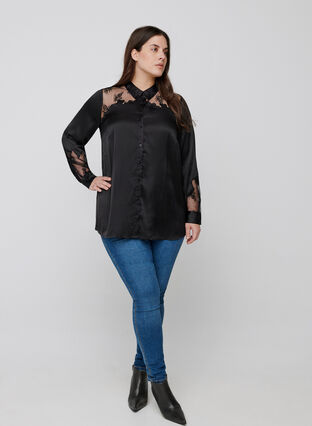 Skjorta med mesh och spets, Black, Model image number 3