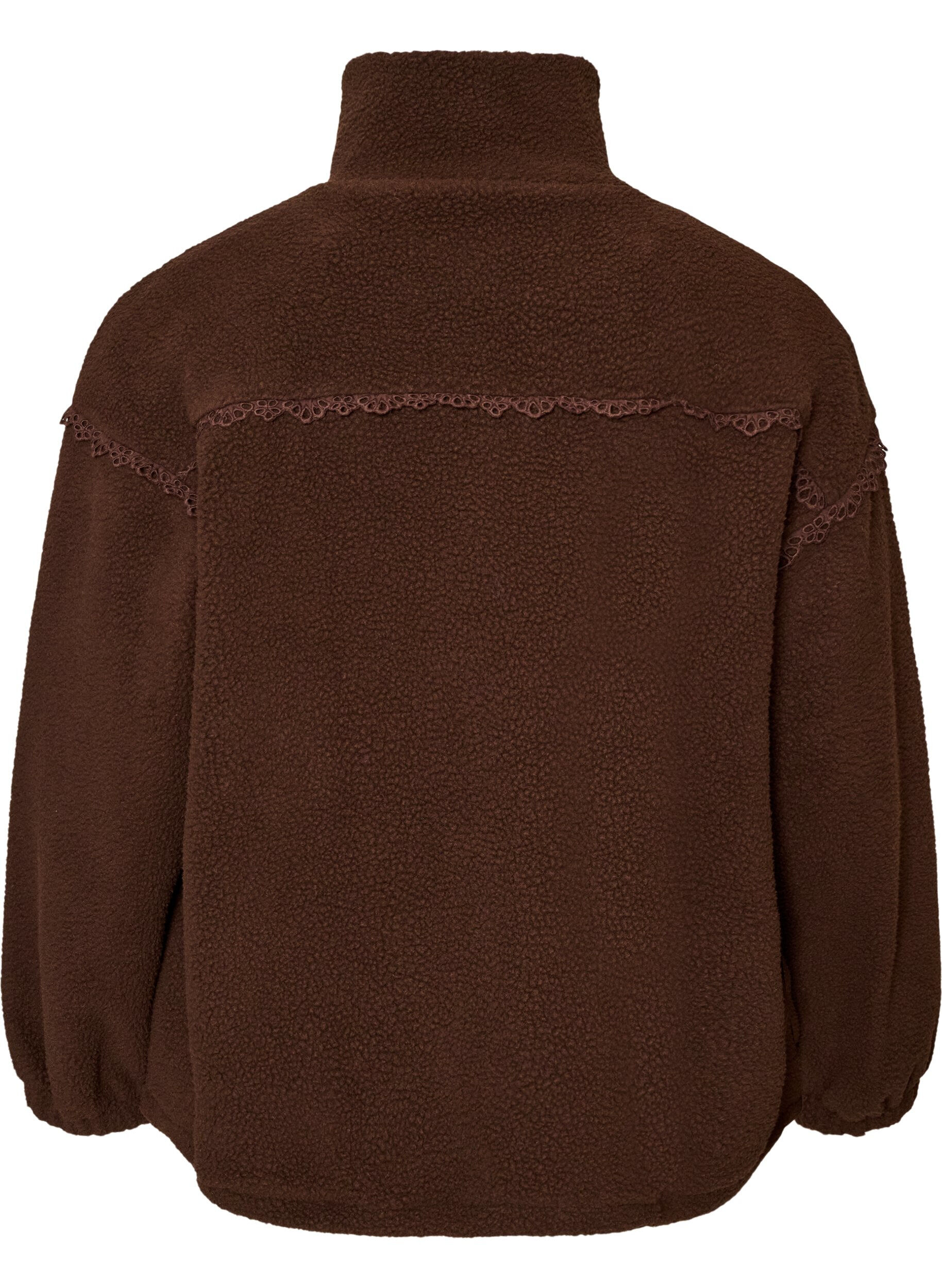 ZizziJacka i teddy med kant i broderie anglaise och h&ouml;g krage, Brun, Packshot image number 1
