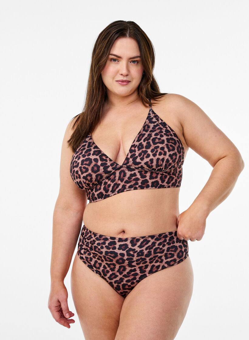 Leopardm&ouml;nstrad bikinitopp med knytning i ryggen, Brun, Model image number 1