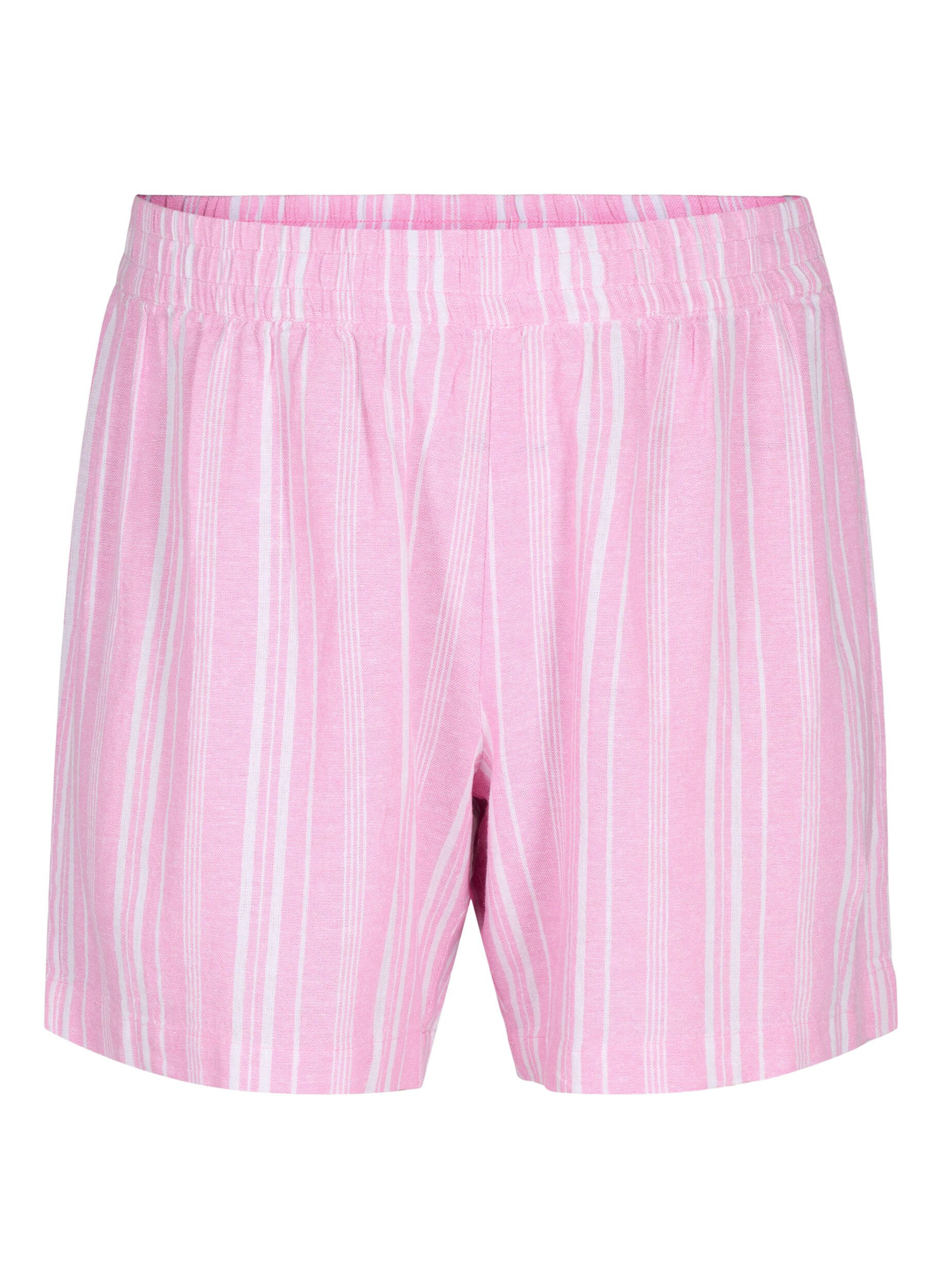 Zizzi Randiga shorts i linne- och viskosblandning, Rosa, Packshot image number 0