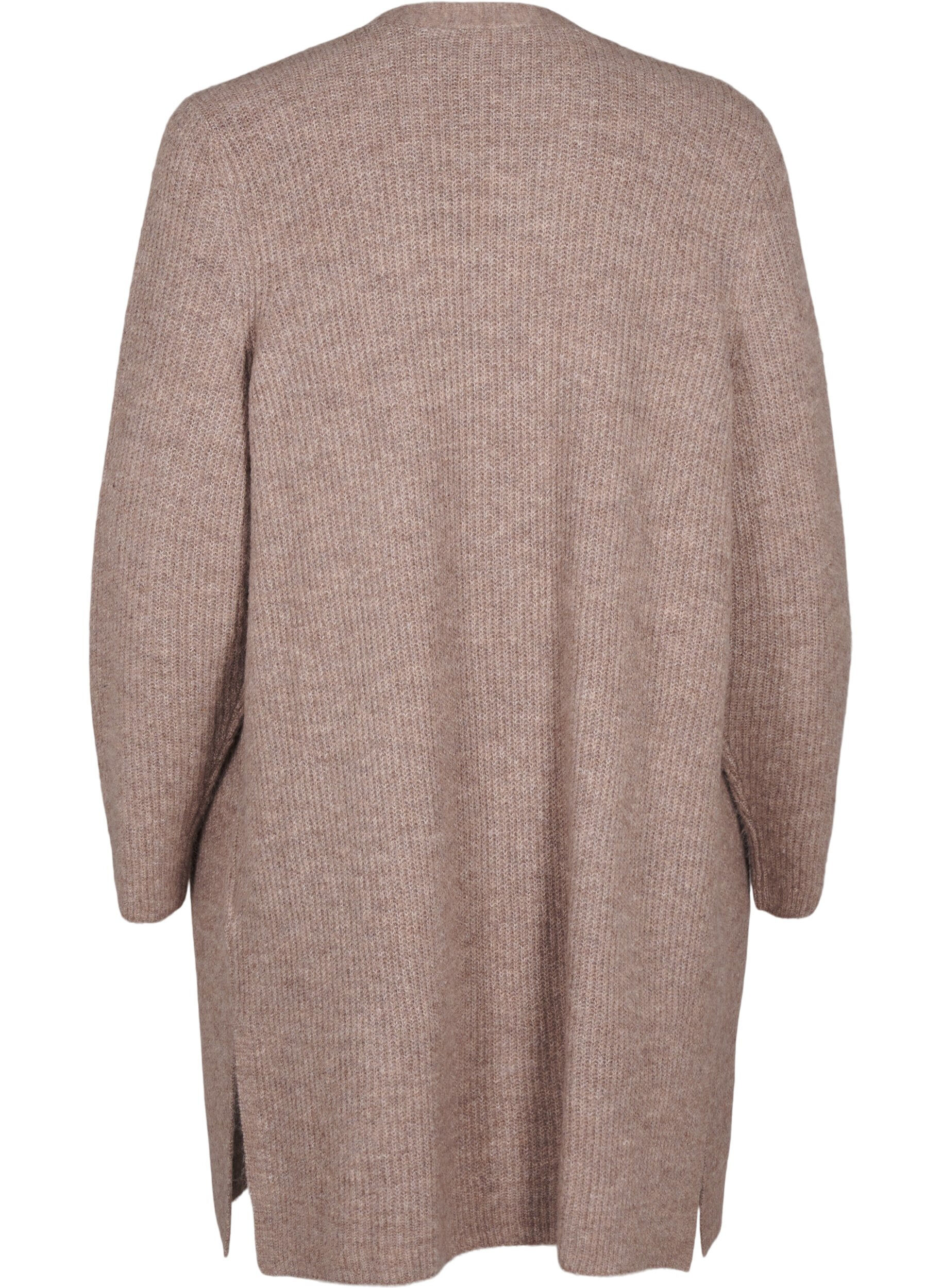 Zizzi FLASH - Ribbstickad cardigan med slitsar, Brown Lentil Melange, Packshot image number 1