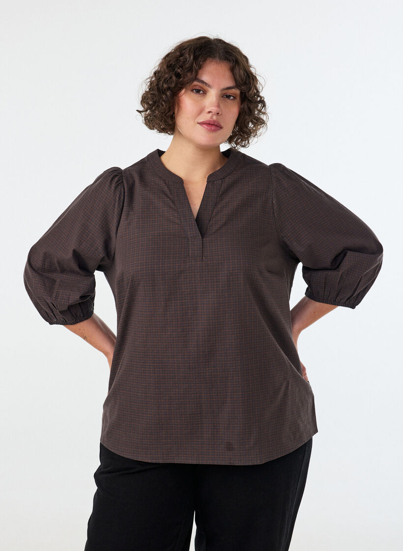 Rutig blus med V-ringning och 3/4-&auml;rmar, Brun, Model image number 0