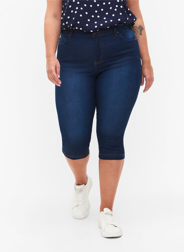Amy caprijeans med hög midja och super slim fit, Blue denim, Model image number 2