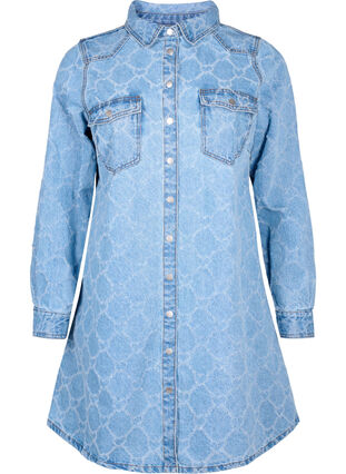 Denimklänning med slitet mönster, Blue denim, Packshot image number 0