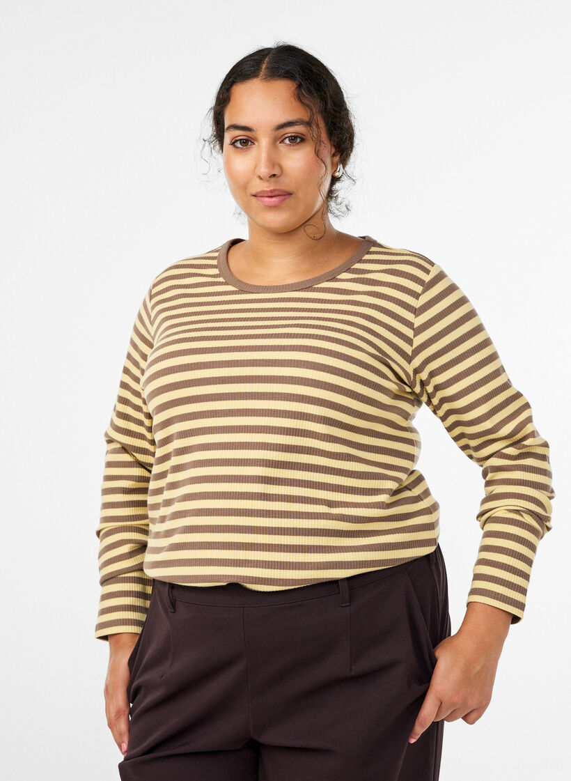 Randig blus med l&aring;nga &auml;rmar, Brun, Model image number 0