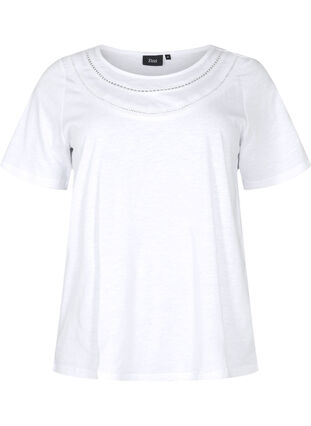 T-shirt i bomull med spetsband, Bright White, Packshot image number 0