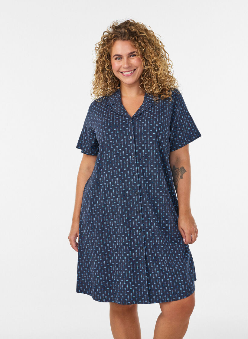 Nattlinne i bomull med kn&auml;ppning, Bl&aring;, Model image number 0