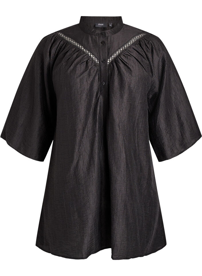 Tunika med virkade detaljer och randig textur, Svart, Packshot image number 0